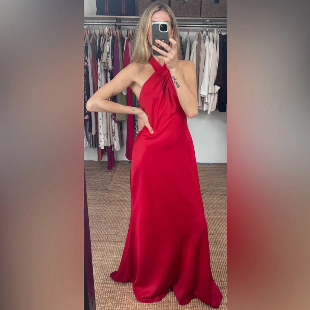 NWT BHLDN Anthropologie Red Halter Open Back Satin Effect Maxi Gown Dress - Picture 3 of 11